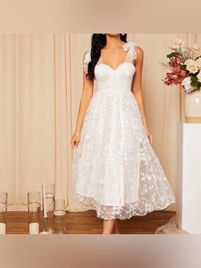 SHEIN White Floral Embroidered Midi Dress with Tie Straps